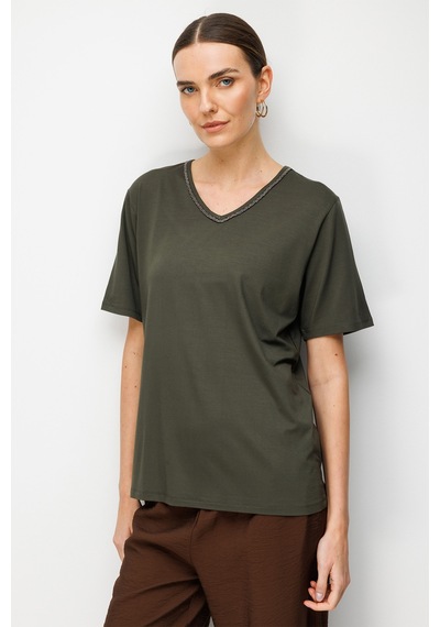 Desen Triko Kadın V Yaka Yaka Kenarı Zincirli Penye T-shirt 26707 Haki Haki