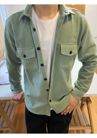 Su Yeşili Erkek Slim Fit Düğmeli Yaka Çift Cepli Düz Oduncu Gömlek Yeşil