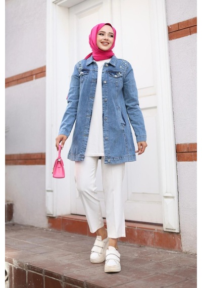 Harman Butik Kadın Boncuk İşlemeli Denim Kot Ceket Kot Mavi Kot Mavi