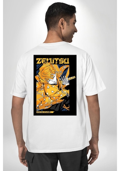 Zenitsu Agatsuma Anime Beyaz Oversize Unisex Ön Ve Sırt Baskılı Tişört Beyaz