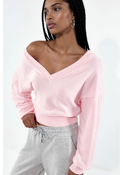 Hiccup Busem Kadın Kısa V Yaka Sweatshirt Allık Pembe
