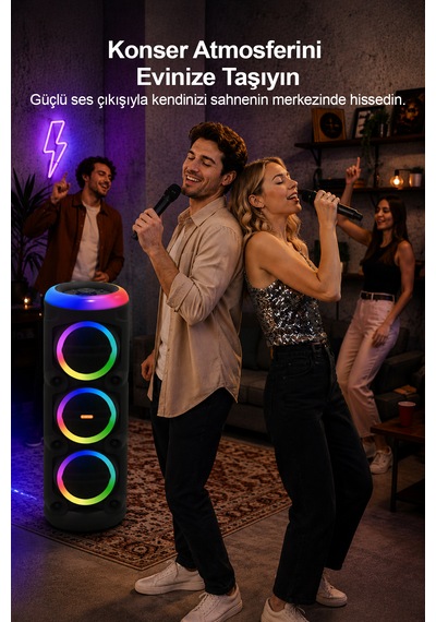 Taşınabilir Mikrofonlu 90w Led Işıklı Bluetooth Karaoke Hoparlör Seti