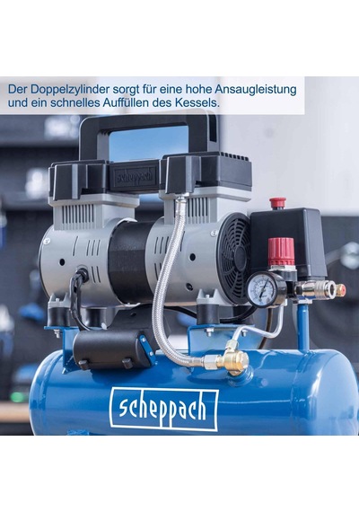 Scheppach Hc08si Ultra Sessiz Kompresör 8 Bar 6 L Hazne 1,5 Hp / 1100 W Yağsız Ve Az Bakım Gerektirir Debisi 162 L/dk Sessiz Kompresör