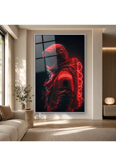 Kırmızı Neon Işıklı Astronot Gümüş Çerçeveli Cam Tablo