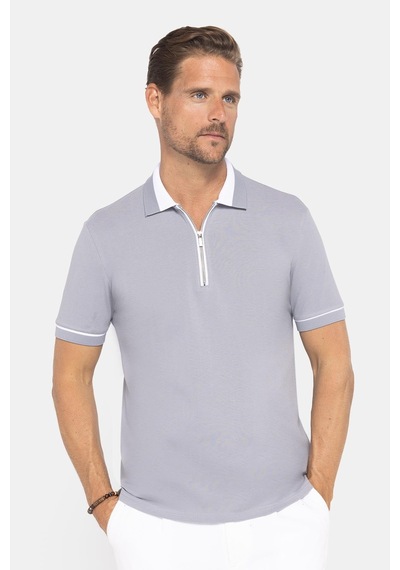 Tudors Erkek Slim Fit Dar Kesim %100 Pamuk Düz Pike Fermuarlı Gri Polo Yaka Tişört-31108 Gri