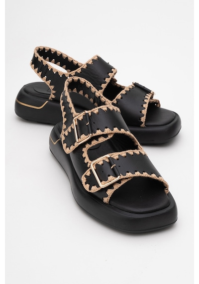 Luvishoes Douro Siyah Cilt Hakiki Deri İp Örme Detaylı Kadın Sandalet Siyah