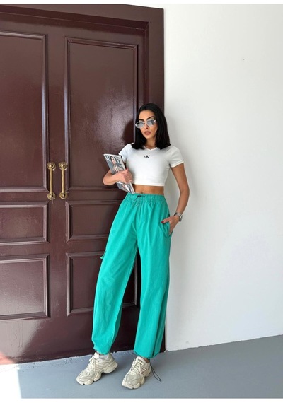 Paraşüt Kumaş Kargo Cepli Bel Ve Paça Lastik Detaylı Pantolon Turkuaz