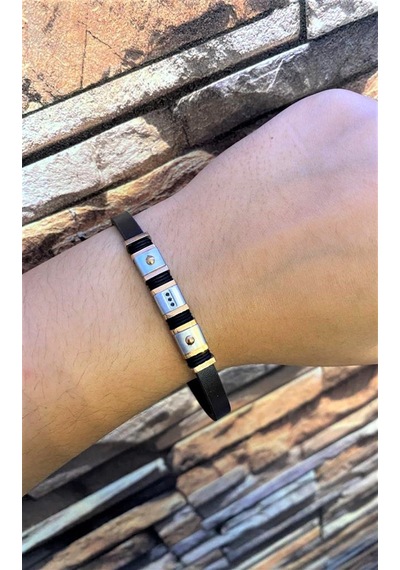 Erkek Rose Gold Detay Deri Bileklik Rose Gold