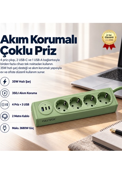 4 Prizli 35w Hızlı Şarjlı Akım Korumalı Çoklu Priz 2 Usb-c, 1 Usb-a-1763