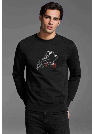 Freddy Krueger Sign Baskılı Siyah Erkek Örme Sweatshirt