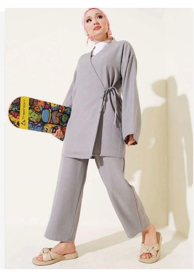 Lovie Moda Kadın Bağcıklı Kimono Takım Gri