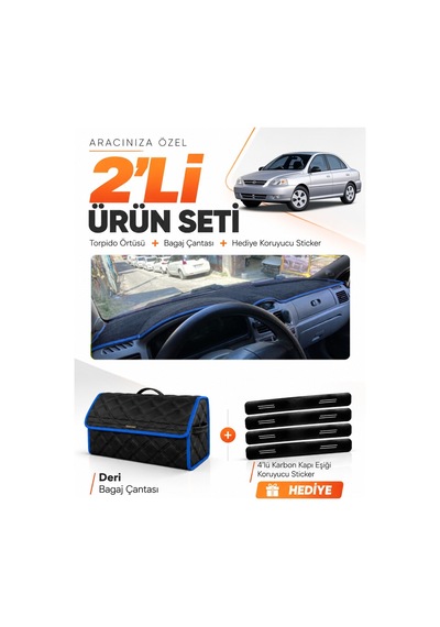 E-biz Kia Rio 2000-2005 Uyumlu Torpido Örtüsü + Deri Bagaj Çantası Seti - Siyah-mavi - Kı011