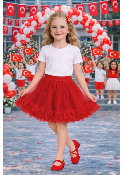 Her Şey Nota Kız Çocuk Kırmızı Fırfırlı Tül Etek Okul Ve Bayram Etkinlik 5-13 Yaş