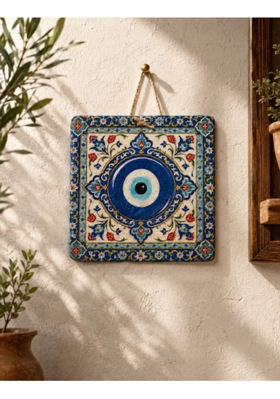 Geleneksel Nazar Boncuğu Motifli 15x15 Cm Doğal Taş Dekoratif Duvar Süsü -