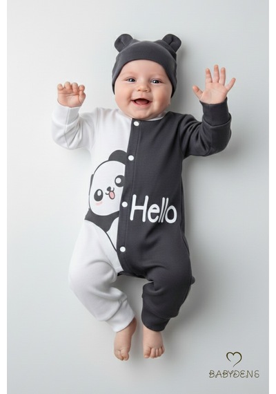 Babyden's Panda Baskılı Bebek Tulum & Şapka Seti,unisex Çıtçıtlı Uzun Kollu Yenidoğan Tulumu ,%100pamuk Antrasit - Beyaz