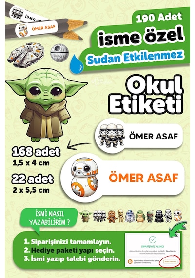 Okul Etiketi Kalem Defter İsimli Etiket Isim Yazılabilen Star Warss - 190 Adet Özel Tasarım Etiket Çok Renkli