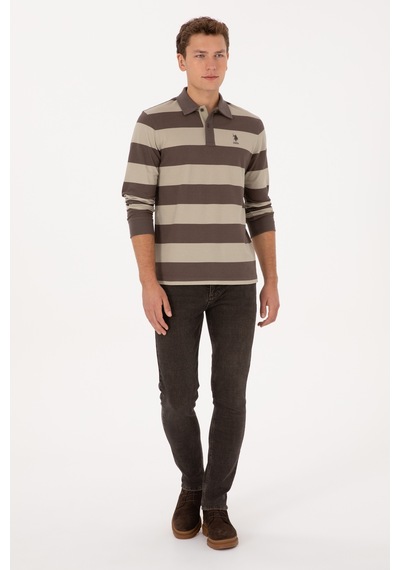 U.S. Polo Assn. Erkek Regular Fit Polo Yaka Çizgili Vizon Sweatshirt 50316467-VR052
