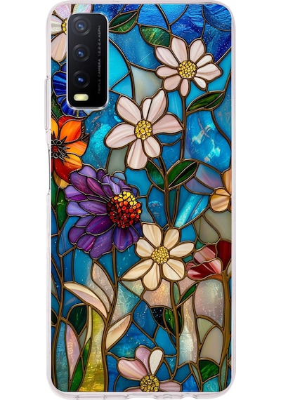 Printify Vivo Y20s İle Uyumlu Vitray Mavi Bahar Tasarımlı Şeffaf Silikon Kılıf Şeffaf