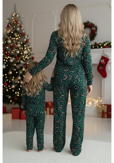 Siyah İnci %100 Pamuklu Puanlı Şeker Baston Desenli Yılbaşı Temalı Örme Pijama Takım Yeşil Puanlı Baston