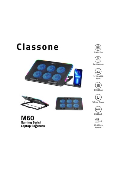Classone Gaming M60 Laptop Soğutucu, 2500 Rpm,10 Rgb Işık Kontrolü, 15.6-17 İnch, Hız Kontrolü, 6 Büyük Fan,telefon Standı, 2 Usb