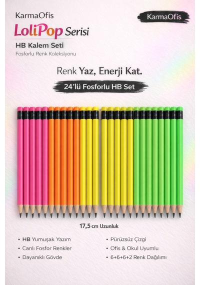 Lolipop Serisi 24 Lü Fosforlu Hb Kurşun Kalem 24'lü