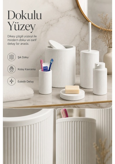 Modern Tasarımlı 5 Parça Banyo Aksesuar Seti Beyaz Renk Sabunluk Ve Fırçalık Dahil