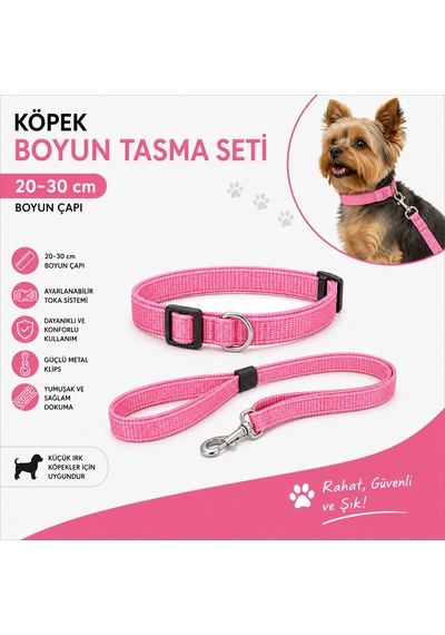 Köpek Boyun Tasması Ve Sevk Kayışı Seti 20-30 Cm Küçük Irk Ayarlanabilir - Pembe Çok Renkli