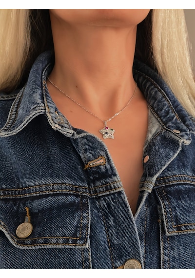 Eva Takı Store Yıldız Model Renkli Zirkon Taşlı Silver Renk Kolye Silver