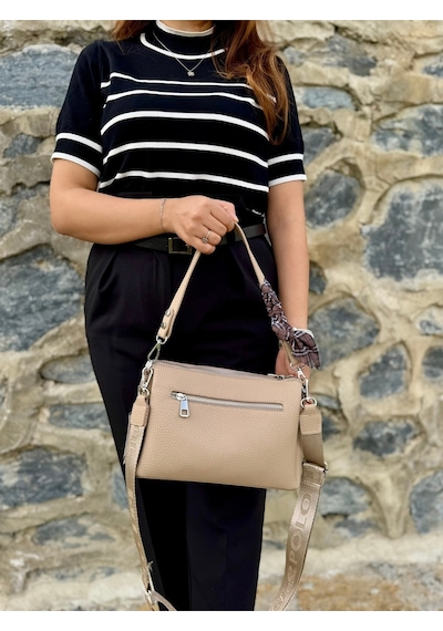 Just Polo Kadın Yeni Sezon Yumuşak Deri Şal Detaylı Ayarlanabilir Askılı Şık El Ve Omuz Çantası Shopper Vizon