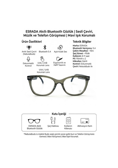 Esrada Akıllı Bluetooth Gözlük Sesli Çeviri, Müzik Ve Telefon Görüşmesi Mavi Işık Korumalı Es203 C04 50-18-140