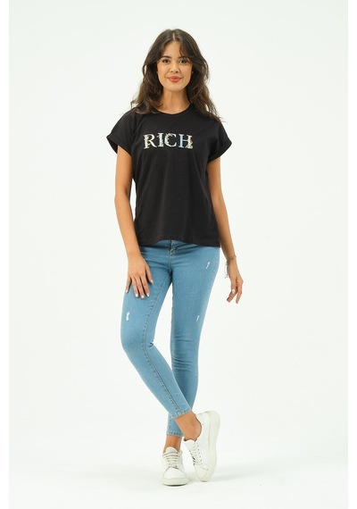 Siyah Kadın Rich Nakışlı Tişört Tshirt Çok Renkli