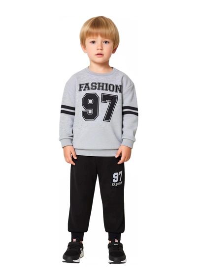 Ersefa Erkek Çocuk Pamuklu Slogan Detaylı Örme Sweatshirt Ve Eşofman Alt Gri Melanj