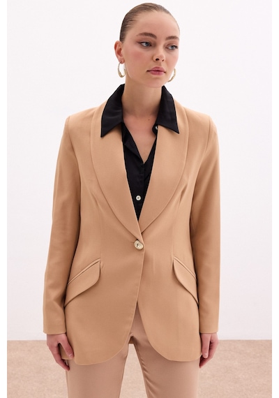 Sateen Düğme Detaylı Uzun Ceket - Camel-131431 CAMEL