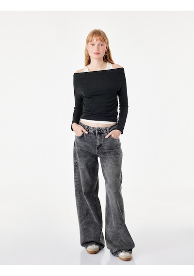 Koton Slim Fit Asimetrik Yaka Katmanlı Uzun Kollu Tişört Antrasit 7wal10328ık