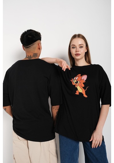 Flood Of Style Siyah Unisex Ikili Tom Ve Jery Baskılı Oversize T-shirt