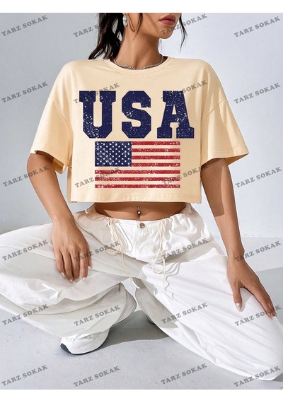 Flood Of Style Crop Ckod-232913 Americana Bayrağı Baskılı Damla Omuz Kısa Turuncu