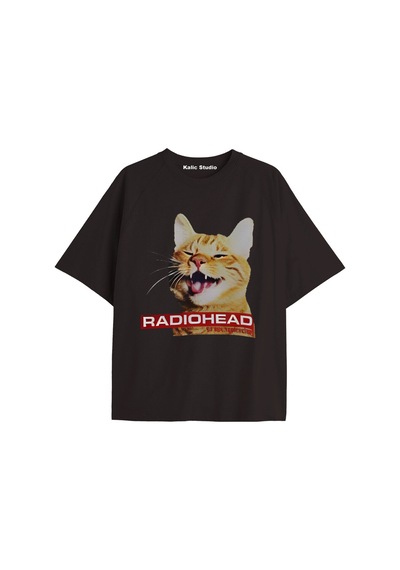Radiohead Cat Baskılı Tişört Oversize Siyah Çok Renkli