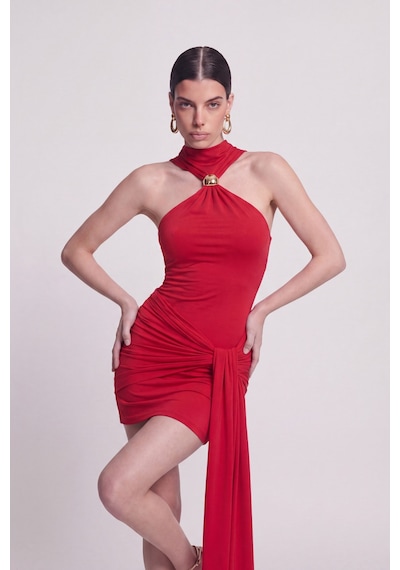 Holly Lolly Halter Yaka Aksesuarlı Mini Lilian Elbise Kırmızı