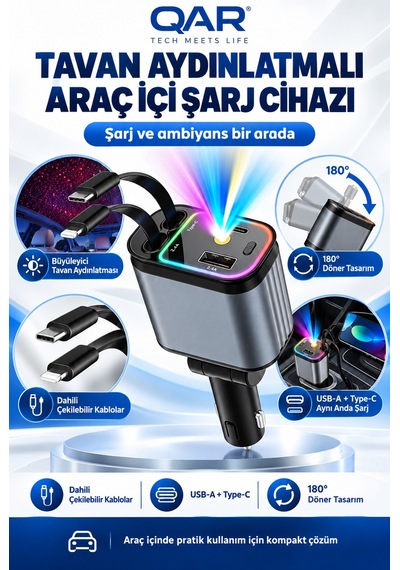 4 Ü 1 Arada Araç Şarj Aleti Type-c Ve Lightning Kablolu Hızlı Şarj Çakmaklık Adaptörü