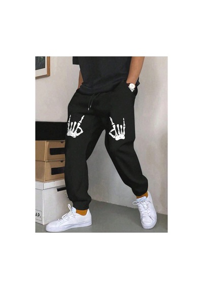 Tarzsokak Halloween Skeleton Hand Print Drawstring Waist Eşofman Altı Siyah