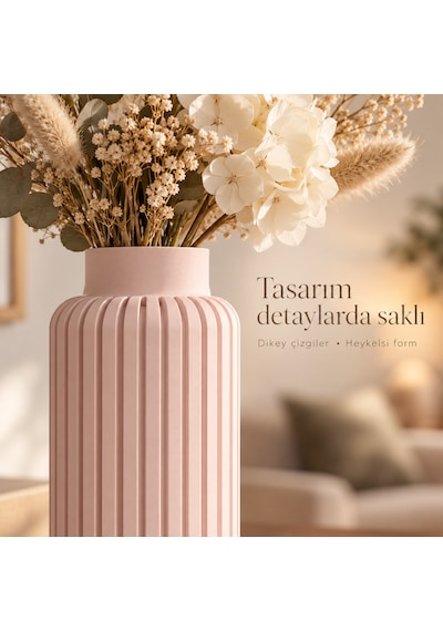 Dikey Çizgili Dekoratif Vazo 20 Cm Modern Silindir Tasarım Pembe