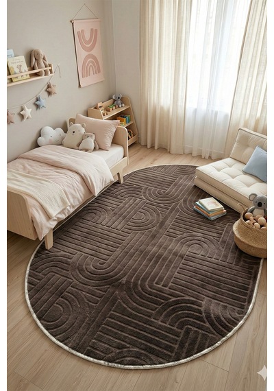Modern Oval Halı Bambu Dokulu Kaymaz Taban Yumuşak Salon Yatak Odası Halısı Antrasit