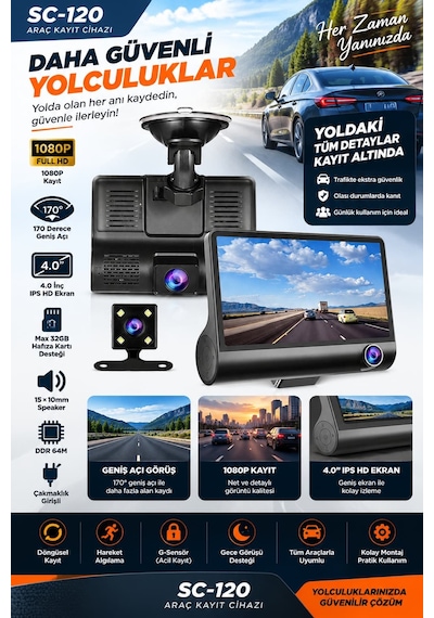 Sentinel Sc-120 3 Kameralı Araç İçi Kamera 1080p Wifi Dashcam 4.0" Ips Ekran