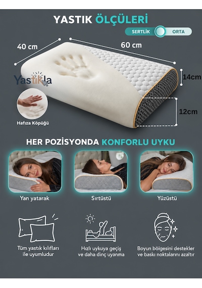 Büyük Boy Ortopedik Visco Yastık Boyun Ve Omurga Destekli Çift Taraflı 60x40x12-14 Cm Beyaz - Antrasit
