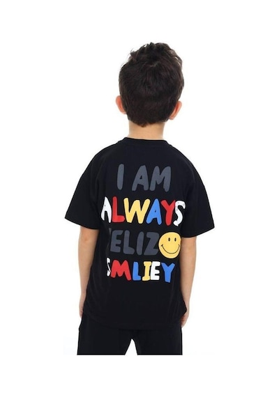 Ekkokids Erkek Çocuk Gülen Yüz Baskılı Tshirt-14166 SIYAH