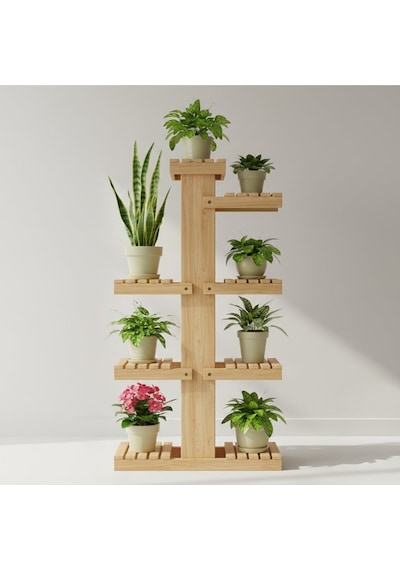 Masif Ahşap Çok Katlı Çiçeklik Standı - Köknar Renk Dekoratif Saksı Standı 100x50 Cm Bej