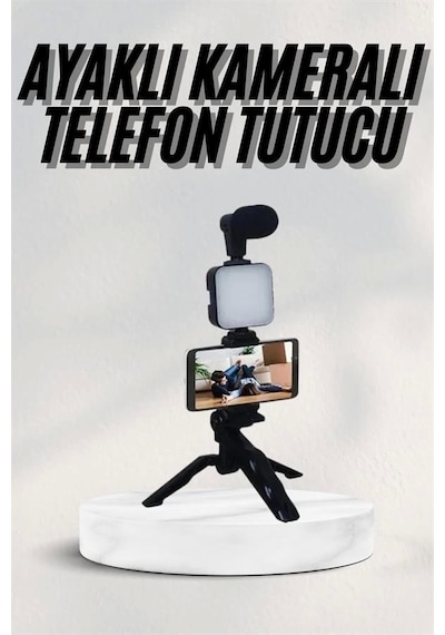 Telefon Tutucu Led Işıklı Kumandalı Mikrofon Telefon Vlog Video Kayıt Çok Renkli