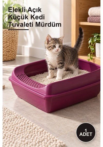 1 Adet Elekli Açık Küçük Kedi Tuvaleti Mürdüm