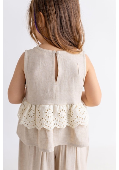 Oliventhekid Beli Tamtur Dantelli Kolsuz Keten Kız Çocuk Bluz Bej Bej