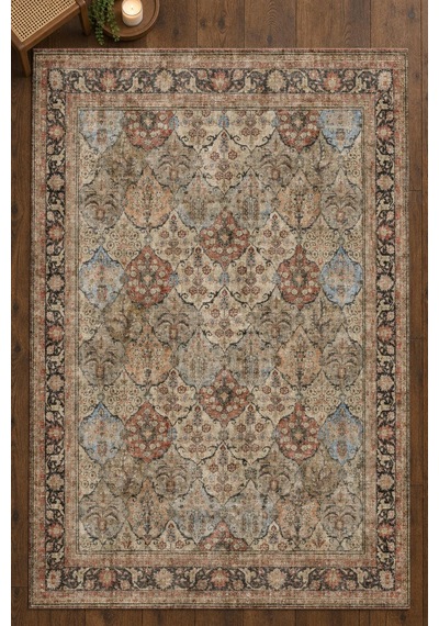Artloop İstanbul Bej Kahve Mavi Oryantal Vintage Desenli Dokuma Tabanlı Şönil Halı Al 650 Bej - Kahve - Mavi